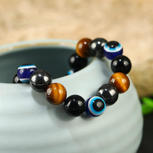 Pack of 2 Evil Eye & Natural Stone Bracelets β Hematite, Black Tourmaline & Tiger Eye Beads | Unisex Protection & Good Luck Jewellery