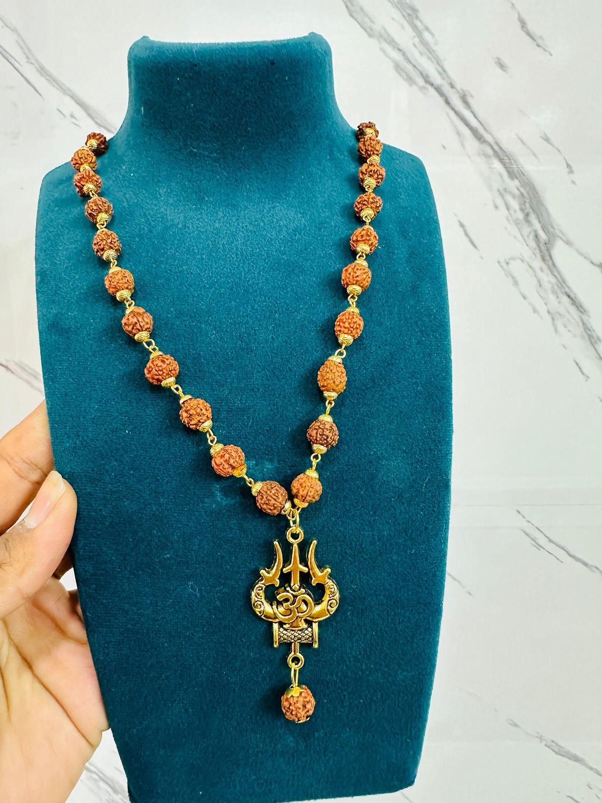 Divine Protection: Panchmukhi Rudraksha Mala with Trishul Pendant