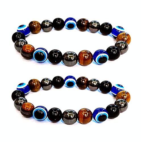 Pack of 2 Evil Eye & Natural Stone Bracelets — Hematite, Black Tourmaline & Tiger Eye Beads | Unisex Protection & Good Luck Jewellery