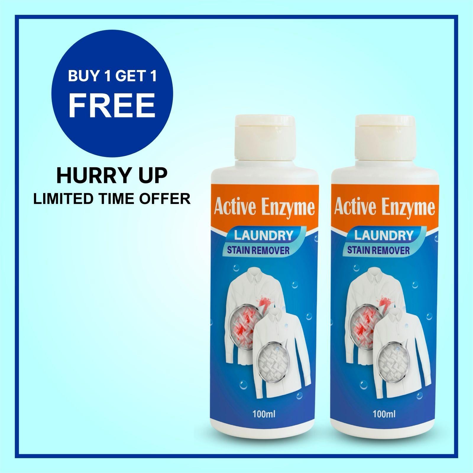 Two bottles of Active Enzyme laundry stain remover with a promotional offer on a light blue background.