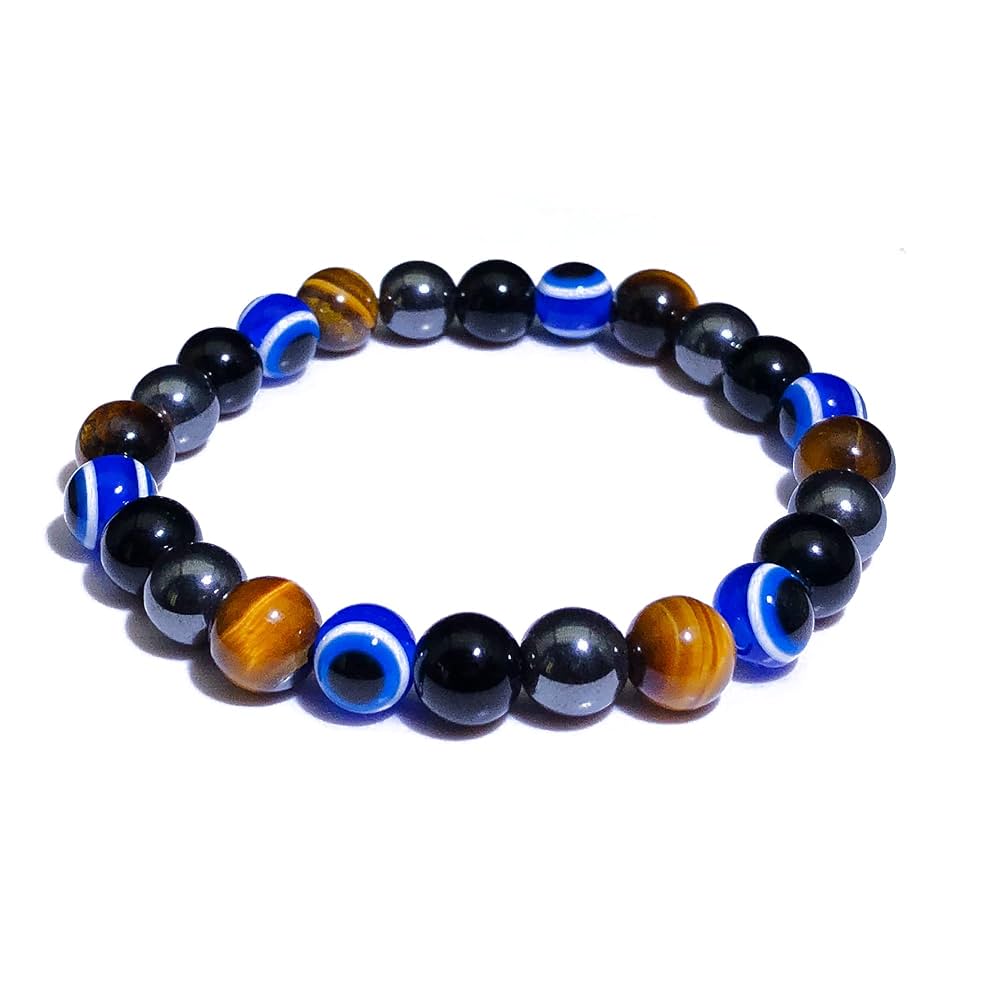 Pack of 2 Evil Eye & Natural Stone Bracelets — Hematite, Black Tourmaline & Tiger Eye Beads | Unisex Protection & Good Luck Jewellery