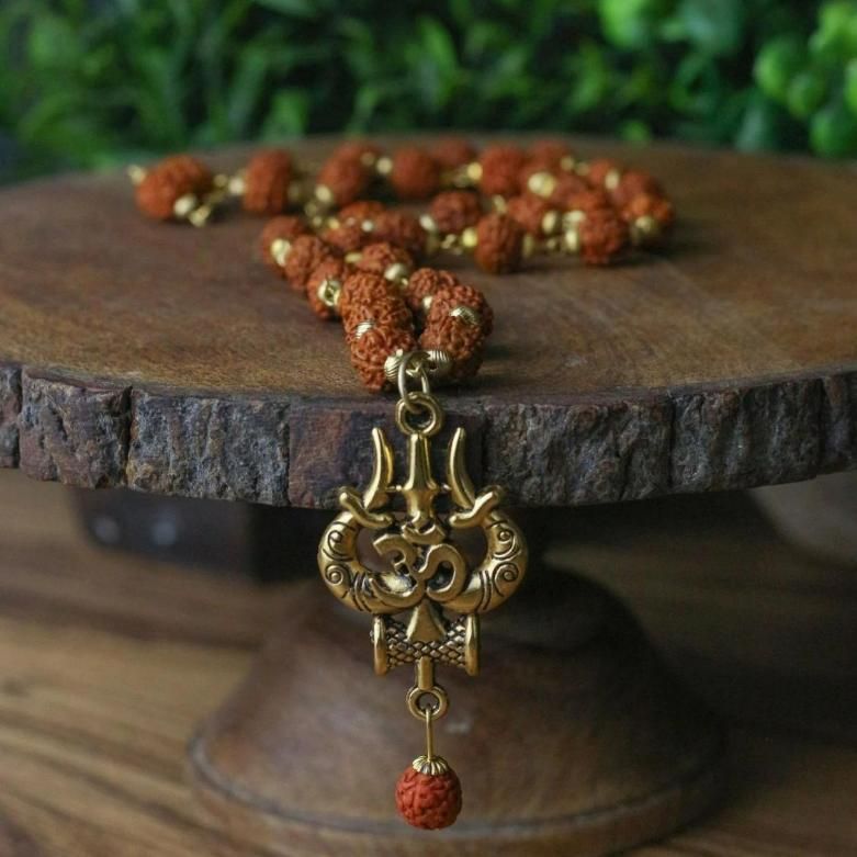 Divine Protection: Panchmukhi Rudraksha Mala with Trishul Pendant