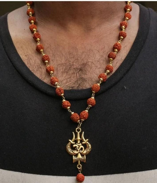 Divine Protection: Panchmukhi Rudraksha Mala with Trishul Pendant
