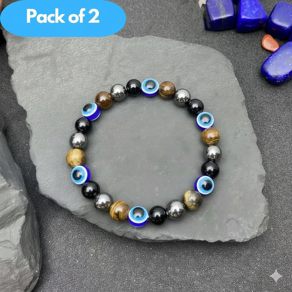 Pack of 2 Evil Eye & Natural Stone Bracelets — Hematite, Black Tourmaline & Tiger Eye Beads | Unisex Protection & Good Luck Jewellery
