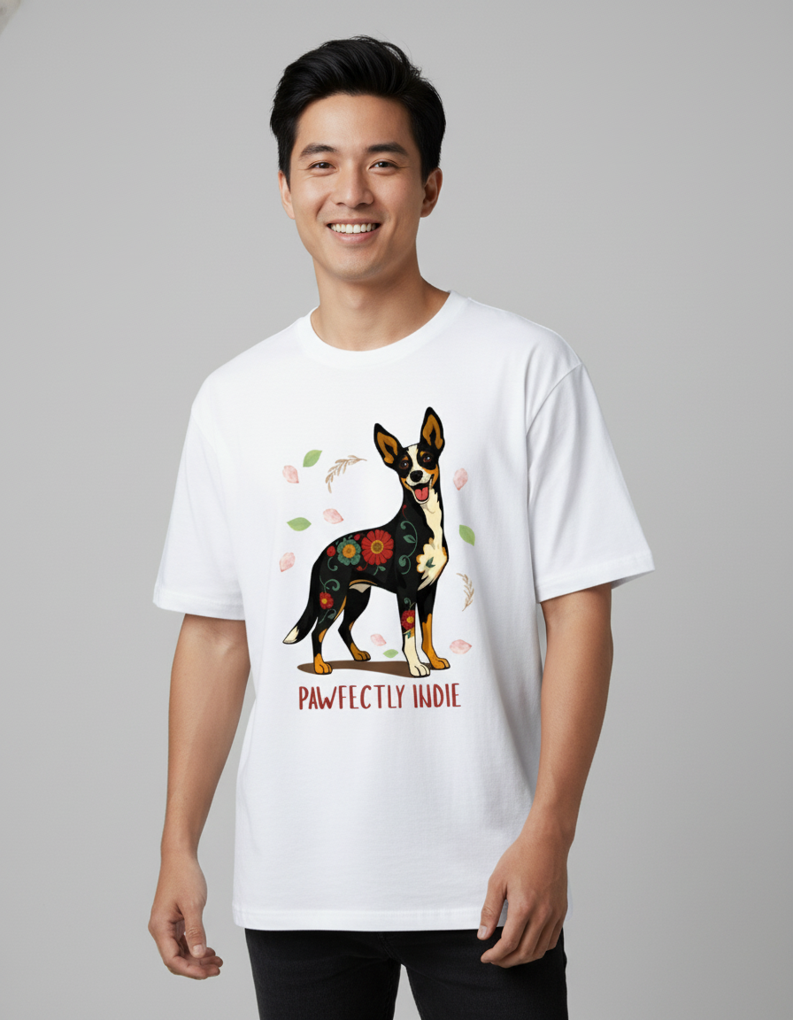 Person wearing a white t-shirt with a colourful dog illustration and text below it