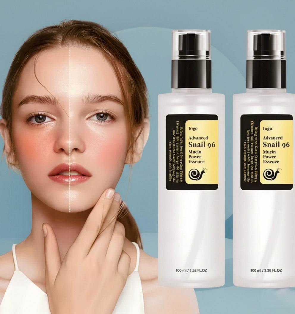 Woman applying skincare product with two bottles of Ingu Advanced Snail 96 Mucin Peptide Essence on a blue background